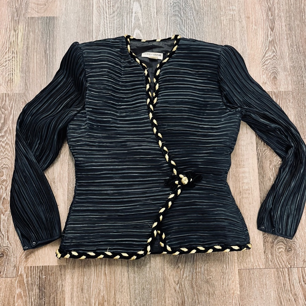 Vintage Black Pleated blazer with gold trim.